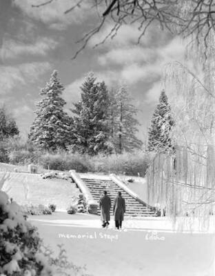 December 1, 1948 photograph of the Memorial Steps. Two students in foreground.