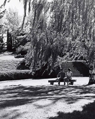 1950 photograph of Memorial Steps. Two students on a bench to the right.