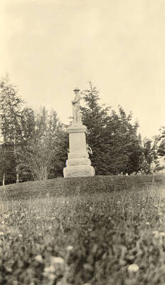 1915 photograph of the Spanish American War Memorial. Trees in background. Donor: U of I Alumni Office.