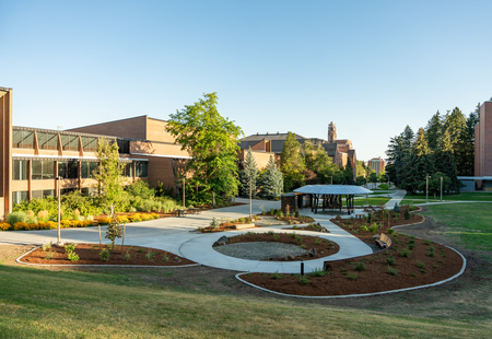 View of Vandala Healing Garden at the time of it's contstruction with the Academic Mall behind