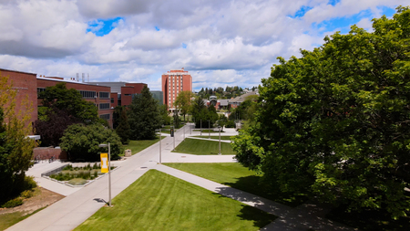 Drone footage aerial view of the academic Mall