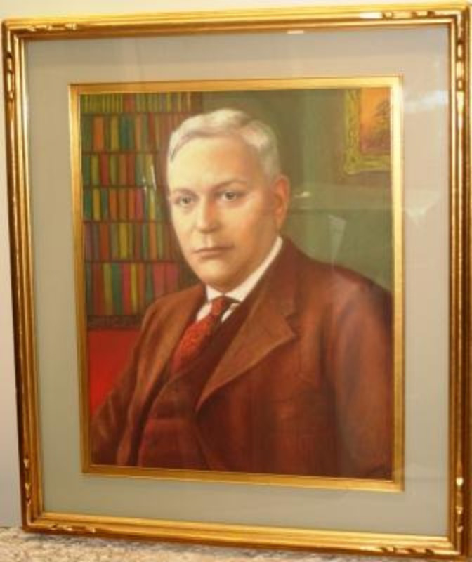 Portrait painting of Jerome J. Day in a brown suit with a library in the background.