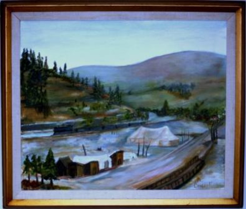 Landscape painting depicting buildings, trees, hills, and mountain in the background.