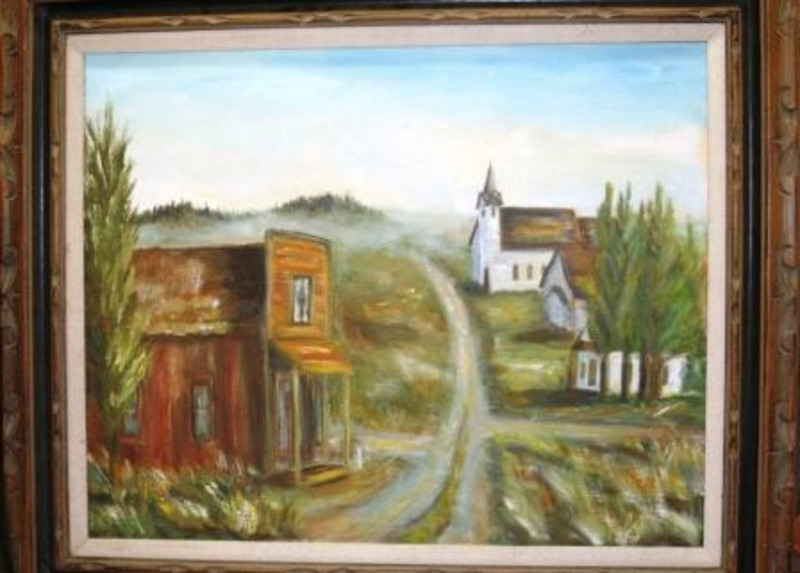 Landscape painting buildings and a church along a road. A few trees line the road.