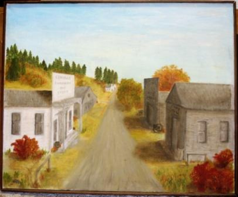 Painting depicting a road with trees and building alongside it.