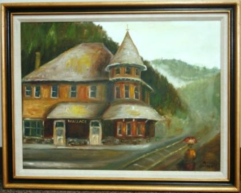 Painting depicting a brown railway depot in Wallace, Idaho. It is set against a backdrop of trees and mountains.
