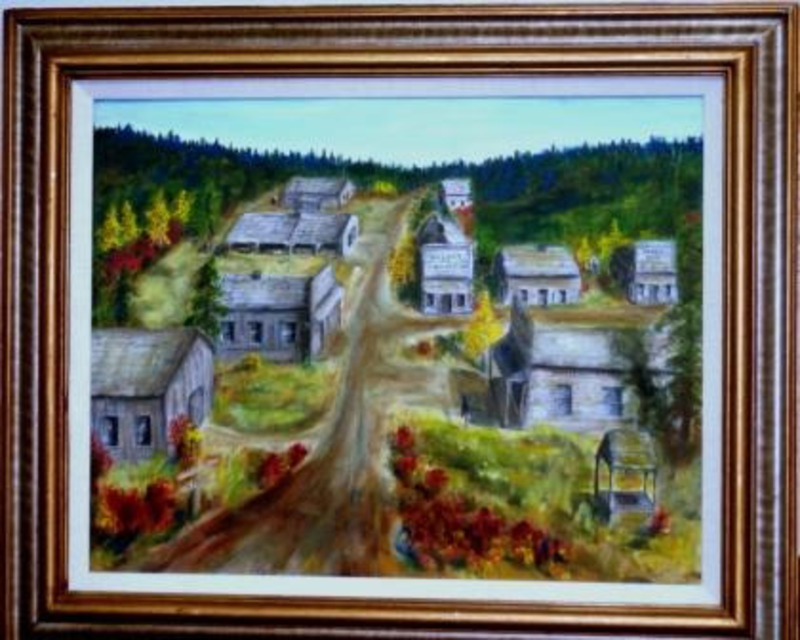 Painting depicting roads with white buildings and various red, yellow, and green trees.