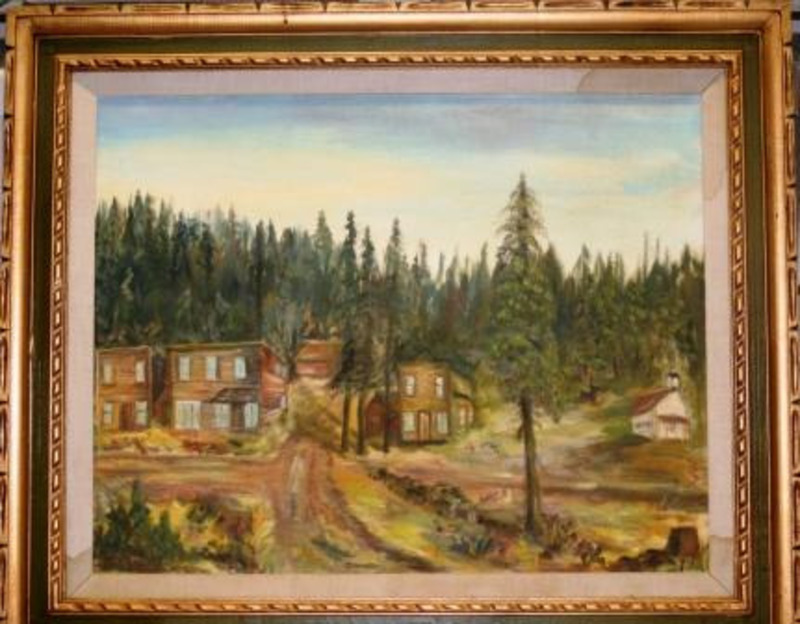Painting depicting a few brown buIdaholings  and a small white building on the right. Trees surround the buildings and the background of the painting.