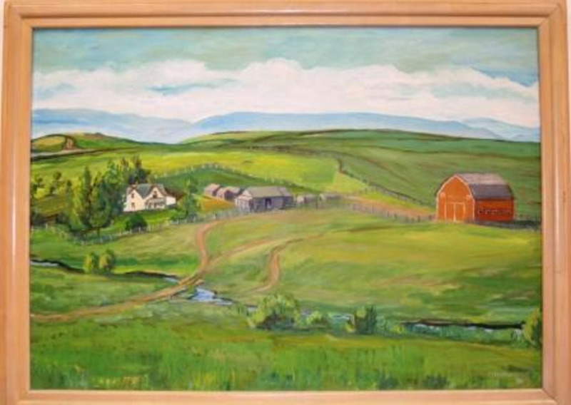 Landscape painting depicting green fields and hills. A river runs through the foreground. A red barn sits on the right and a few smaller white and gray buildings are on the left and center.