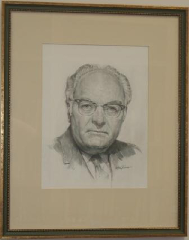 Portrait drawing of Boyd Martin done in graphite. The drawing is matted and framed in a thin gilt wood frame.