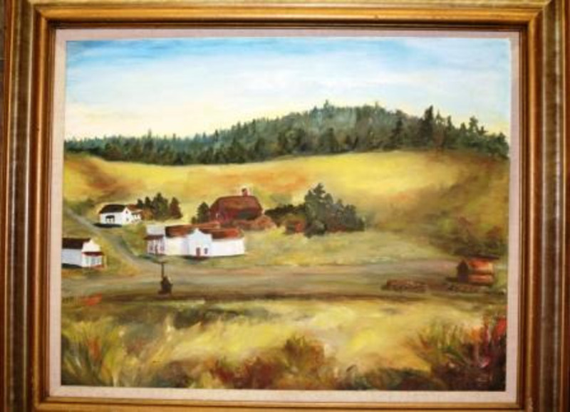 Painting depicting a landscape with a few houses in a yellow field with green trees and mountain in the background.