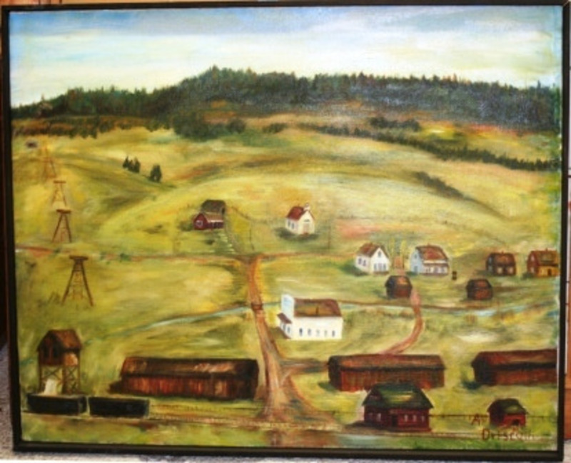 Painting depicting houses and buildings on yellow-green hills. A railway is in the foreground and trees are in the background.