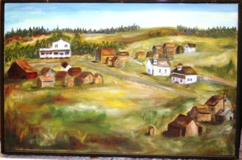 Landscape paintings of white and brown buildings on a hillside.