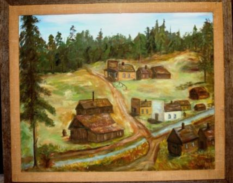 Painting of brown buildings alongside roads with trees in the background.