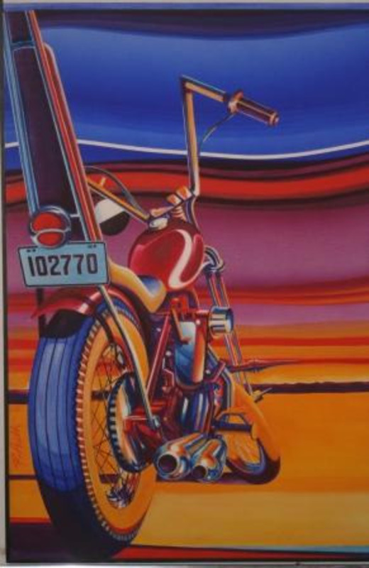 Painting of a colorful motorcycle in bright blue, yellow, red, and purple set against a bright background in the same colors.