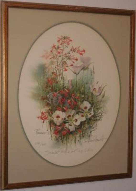 Painting of Scarlet Gilia and Sego Lilies displayed in a gilt wood frame and on a green oval mat. #274 of 950.