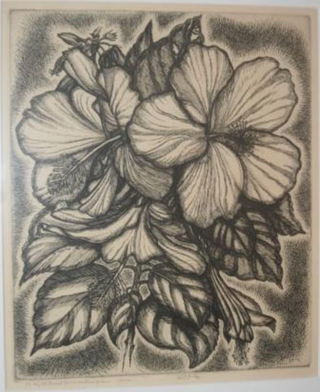 Etching print depicting hibiscus flowers. The print is displayed in an off-white mat and silver frame. Printed on buff paper. Inscribed with the caption "to my old friend Dorris Perkins" given 12/25/37.