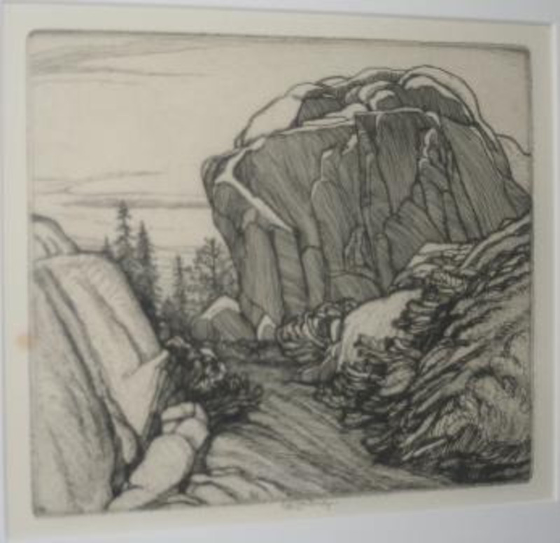 Etching print depicting a rock outcropping printed on buff paper and displayed on an off white mat and in a silver frame.