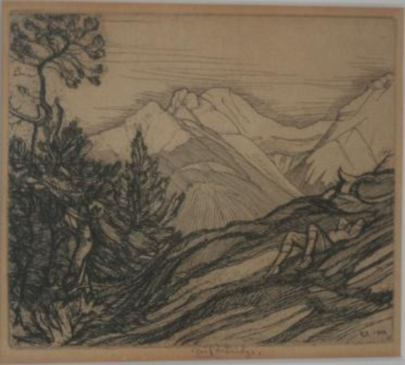 Etching print depicting a landscape of mountains in the background and a figure laying on a rock formation with trees in the foreground. It is printed on buff paper and displayed on an off white mat and in a silver frame.