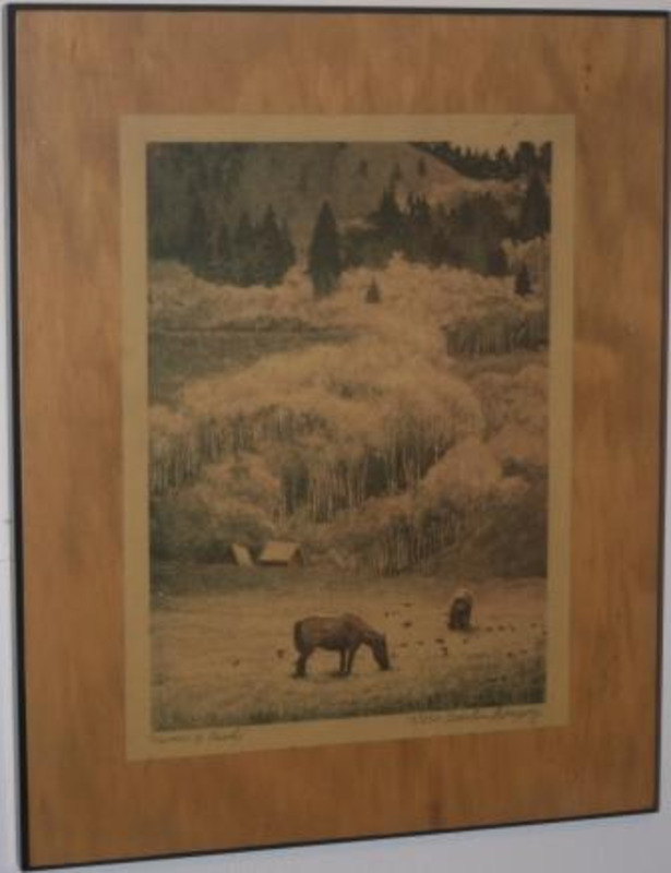 Laminated print onto wood board depicting a horse and birds with trees and hills in the background. #13 of 250.