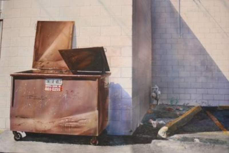 Watercolor painting depicting an alley scene with a dumpster.