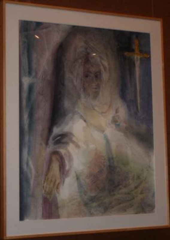 Watercolor painting depicting a figure clothed in white with their hand out towards the viewer. The background is a combination of blue, gray, purple and white. A yellow and white cross hangs on the right. This piece is matted in linen and is displayed in a wood frame. It is the left panel out of three.