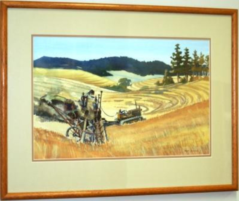 Landscape watercolor painting depicting tractor and combine farming in a landscape of hilly fields. There are some trees in the background.