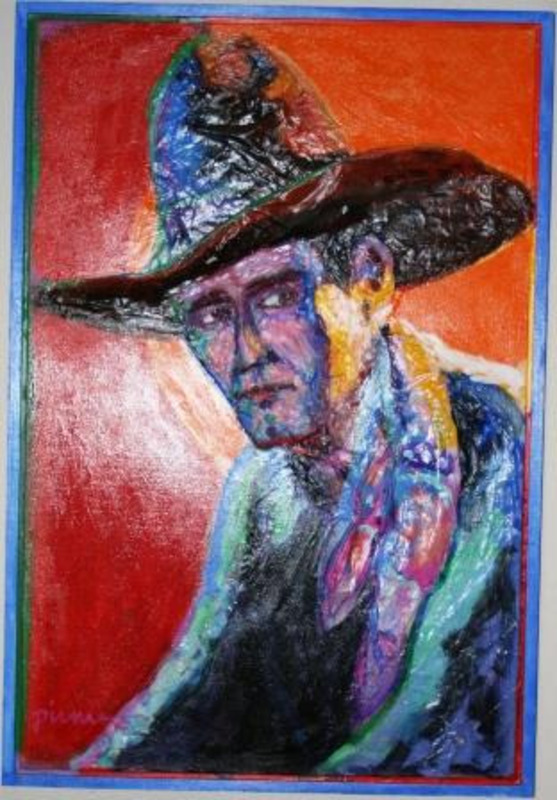 Mixed media portrait showing a close up of a cowboy in bright colors and a blue border.