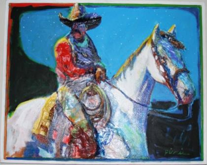 Mixed media piece depicting a cowboy on a horse at night in bright colors. It has a multicolored border and is displayed in a frame.