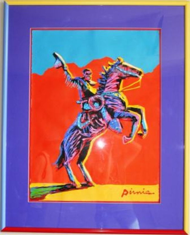 Mixed media piece depicting a cowboy with an arm up holding a hat. The horse is on its back legs. The background is a bright blue and red. The horse and cowboy are a combination of yellow, pink, blue, brown. Its shadow is red, green, and brown. The piece is matted in purple and framed in blue, red, and yellow.