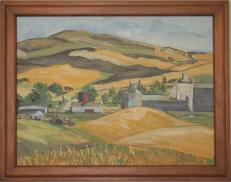 Landscape painting depicting the yellow hills of the House with a farm in the foreground.