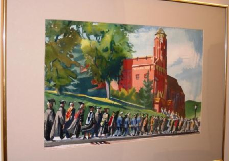 Watercolor painting depicting the Admin Building and trees in the background, while a commencement processional is in the foreground.