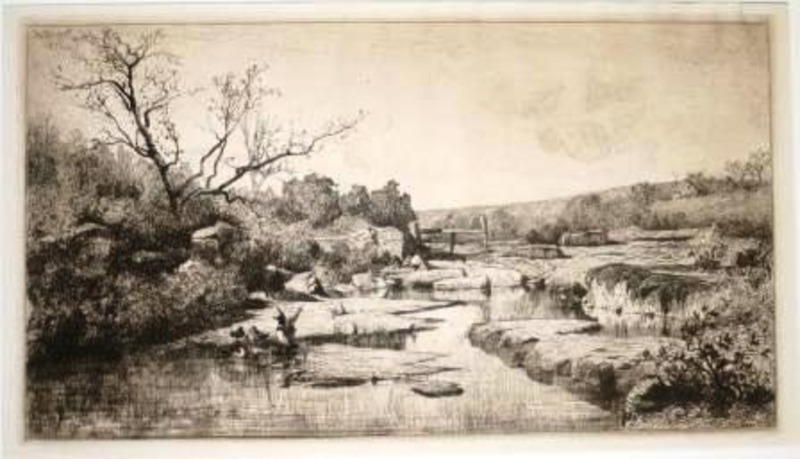 Etching print depicting a landscape with a creek running through.