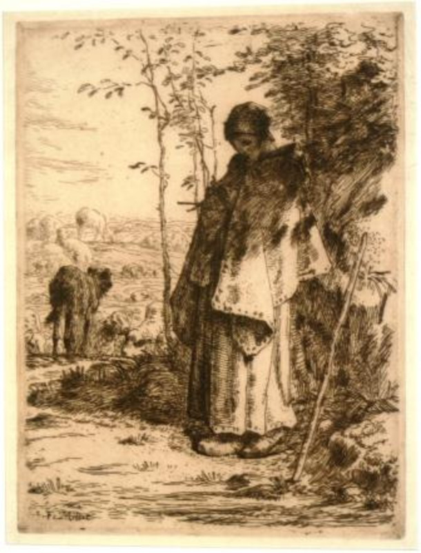 Print showing a shepherdess and a sheep, in a landscape setting. Printed in black ink on cream paper.