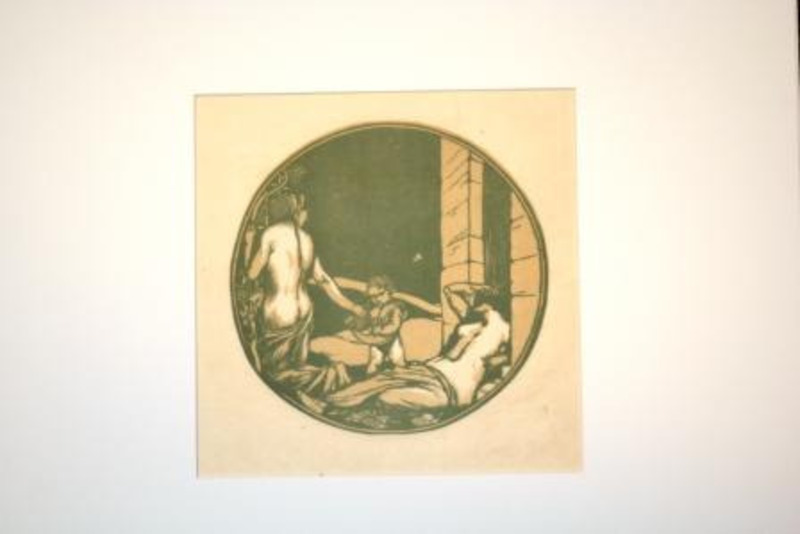 Colored print showing a reclining figure, a standing figure, and cherub on cream paper.