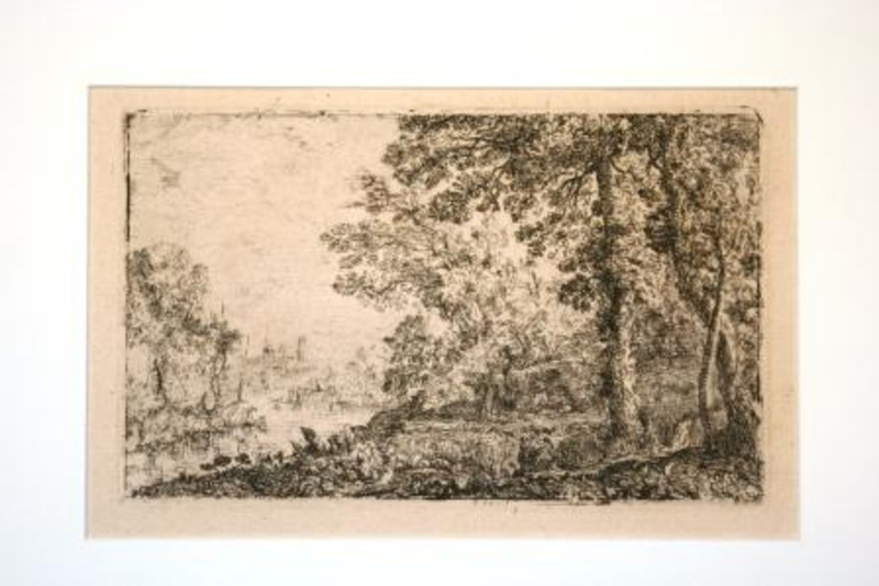 Print showing two figures in a landscape of trees and hills. Printed in black ink on cream paper.