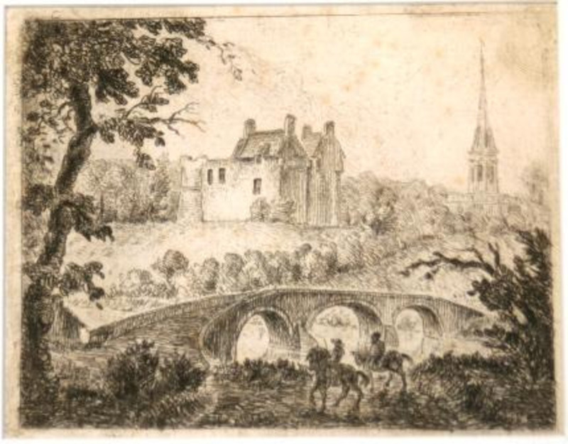 Print showing two riders approaching a bridge in a pastoral landscape with a building and steeple in the background. Printed in black ink on cream paper.