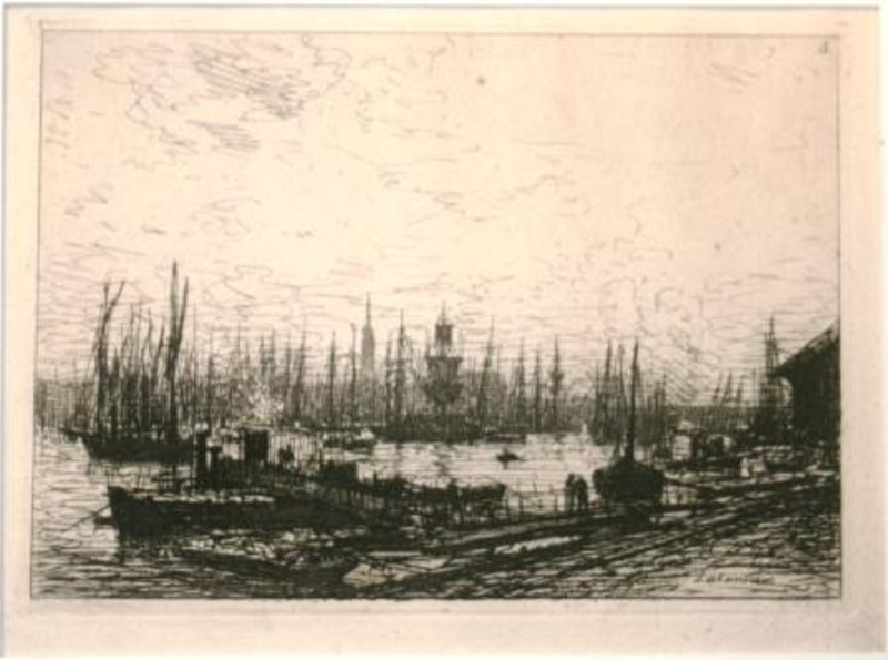Print showing a number of boats in docked at a boatyard. Printed in black ink on cream paper.