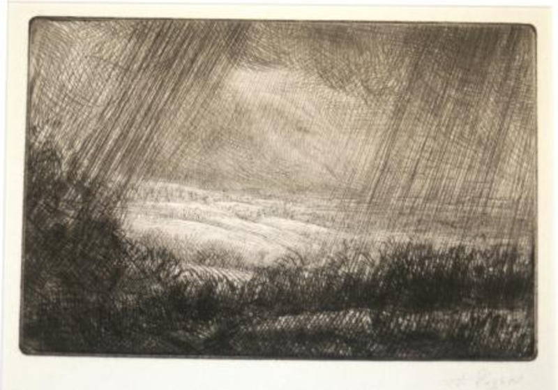 Print showing a landscape of grass and hills in the rain. Printed in ink on cream paper.