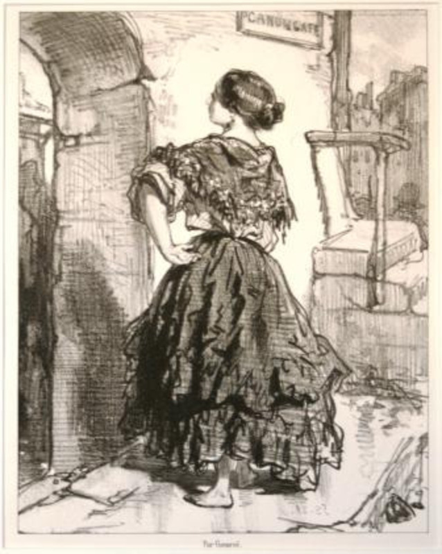 Print showing a woman standing in a doorway. Printed in black in on cream paper.