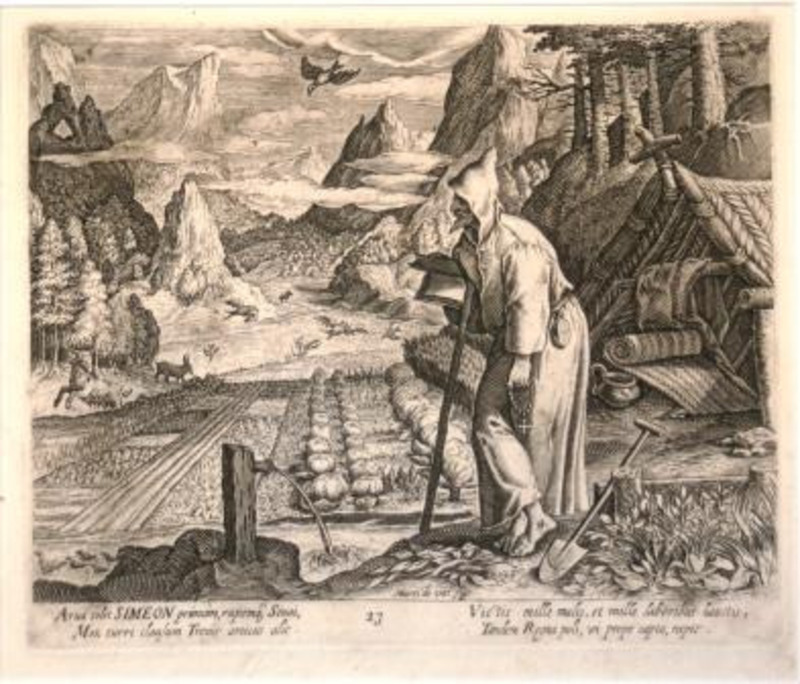 Print showing a farmer with a lean-to frame with fields, forests, animals, and mountains in the background. Printed in black ink on cream paper.
