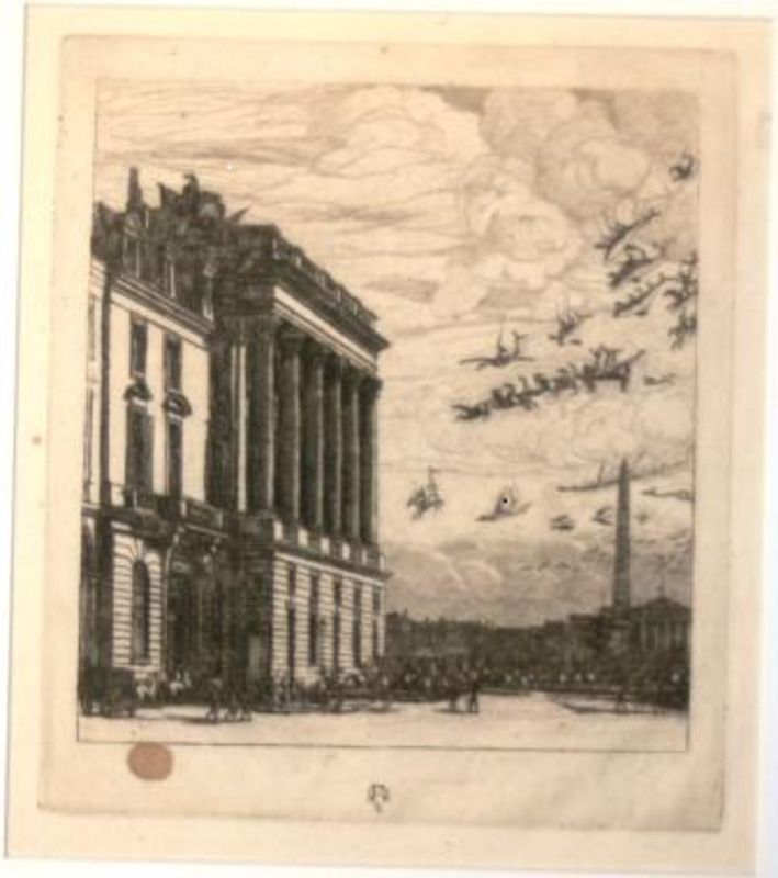 Print showing creatures flying toward the facade of a large columned building printed in black ink on cream paper.