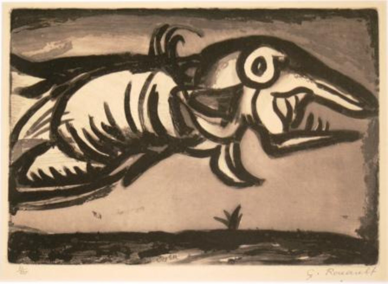 Print showing an abstract creature in a dark landscape printed in black ink on cream paper.