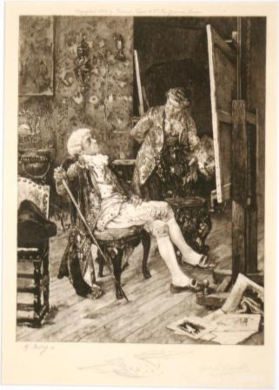 Print showing an artist and his patron in the artist's studio surveying his work printed in black ink on cream paper.