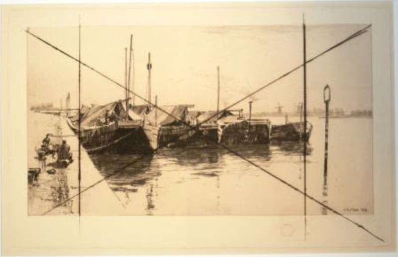 Print showing a view of boats on the water printed in black ink on cream paper.