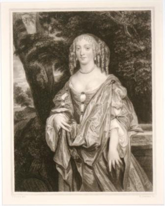 Print portrait of a woman in a dress standing in front of a low wall printed in black in on cream paper.