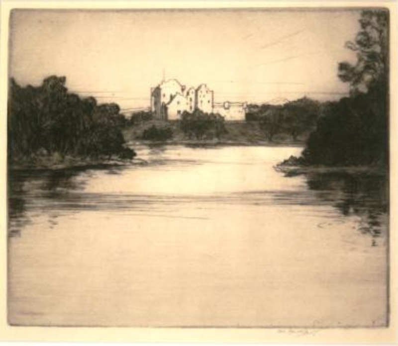 Print showing a view of a castle surrounded by trees from across a lake made in black ink on cream paper.