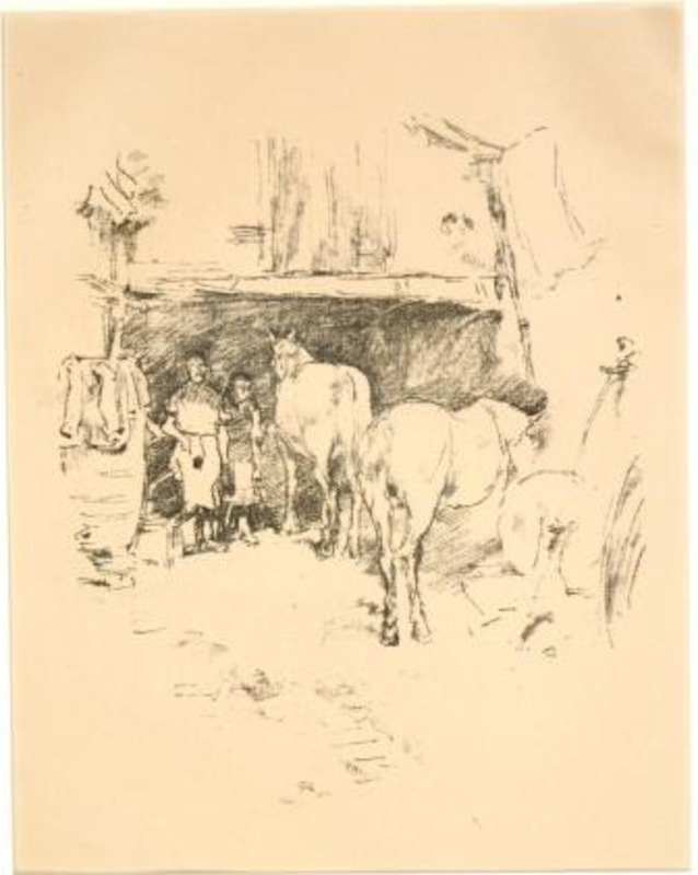 Print of two people and two horses in a blacksmith's yard printed in black ink on cream paper.