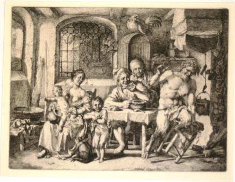 Print showing a family of three adults and two children in a kitchen looking at a satyr printed in black ink on cream paper.