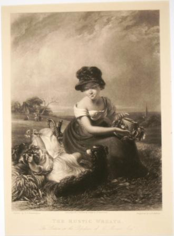 Print showing a woman in a pastoral setting looking down at a dog and a cherub printed in black ink on cream paper.